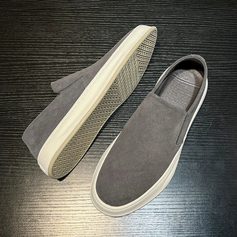 Men's grey and apricot casual slip-on shoes with height increasing insoles and round toe design