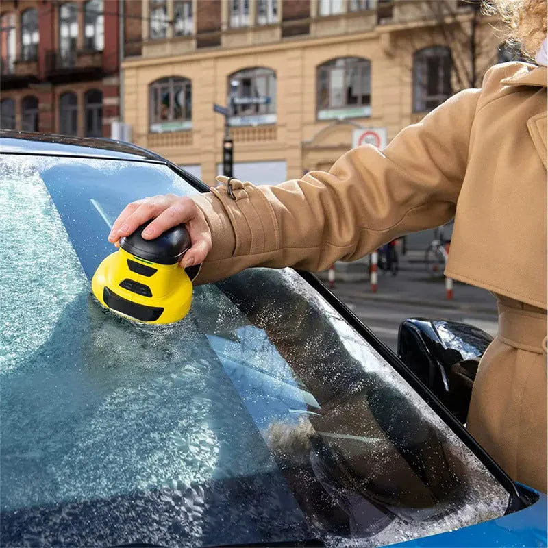 Yellow cordless electric ice scraper with USB charging cable for car windows