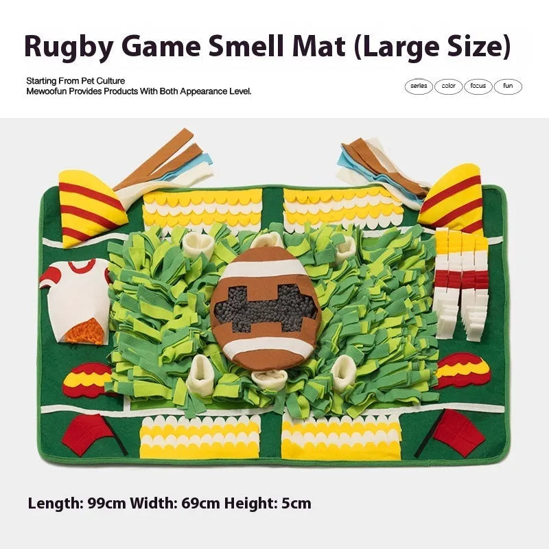 Dog sniffing mat with printed Garden Camping theme pattern, a plastic fabric puzzle toy for hiding treats.