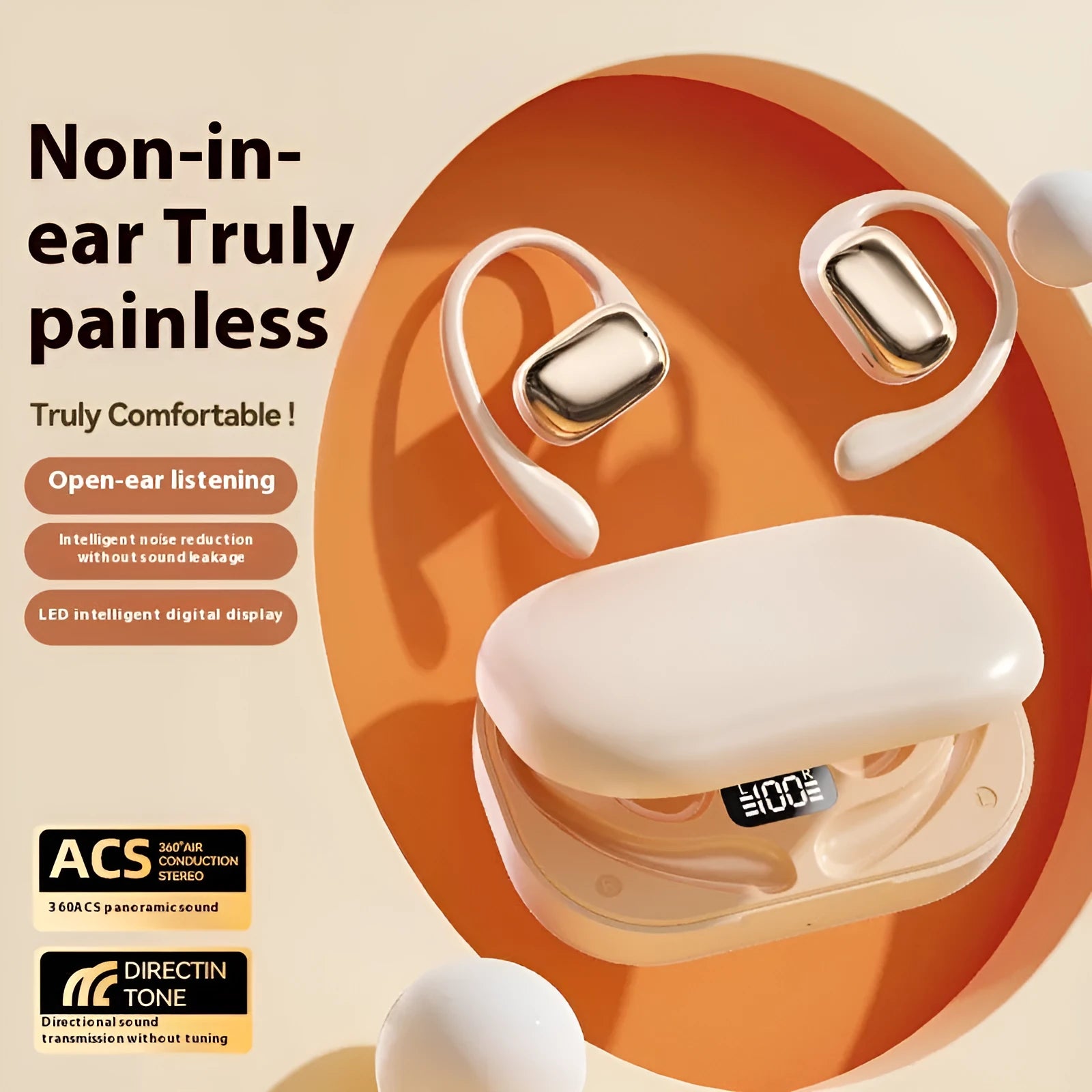 Ear-mounted wireless headphones in black colour with a small digital display screen on the side