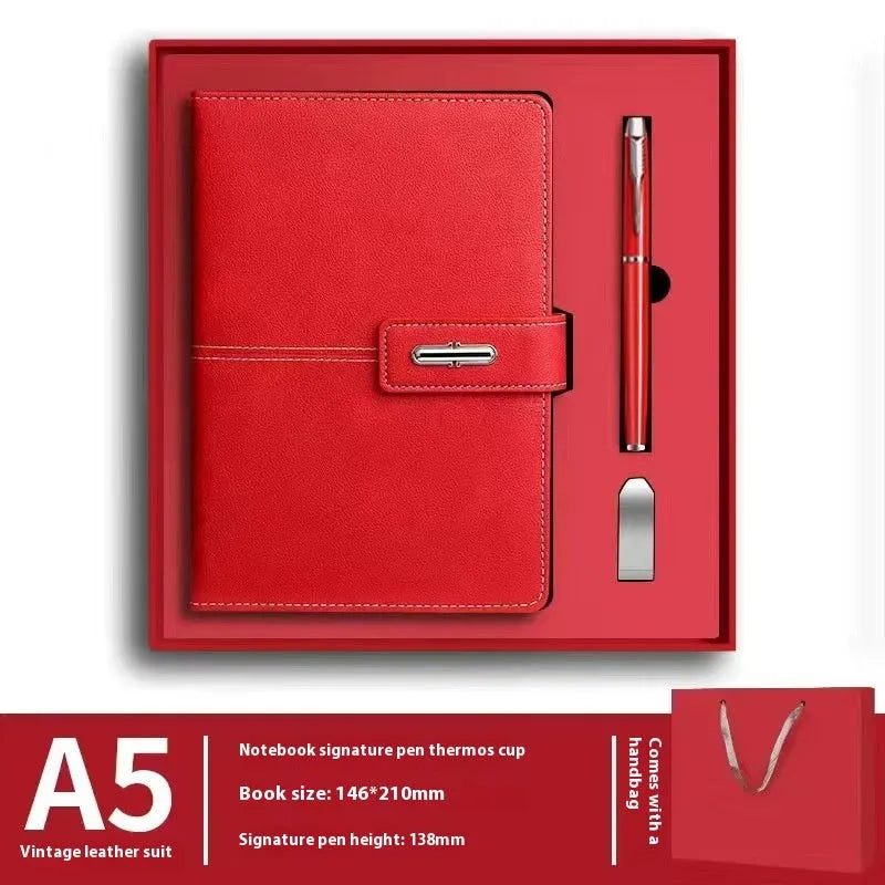 A5 notebook with PU leather cover shown in multiple colour options including black, red, green, blue, and orange.