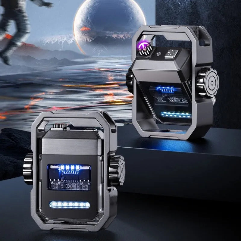 Windproof double arc electric lighter with mechanical gyroscope in zinc alloy construction showing folding design