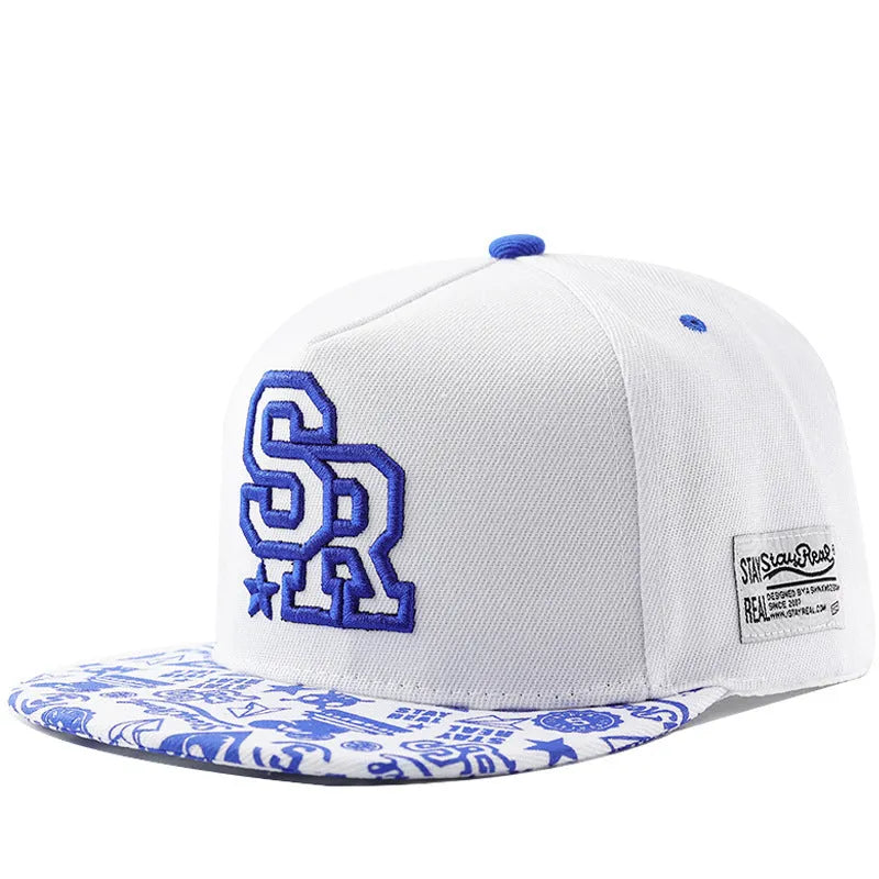 Adjustable cotton baseball cap with dome crown and letter embroidery in black or white
