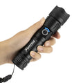 Black aluminium alloy rechargeable LED zoom flashlight with display, 30W, 500m range, no battery or cable included