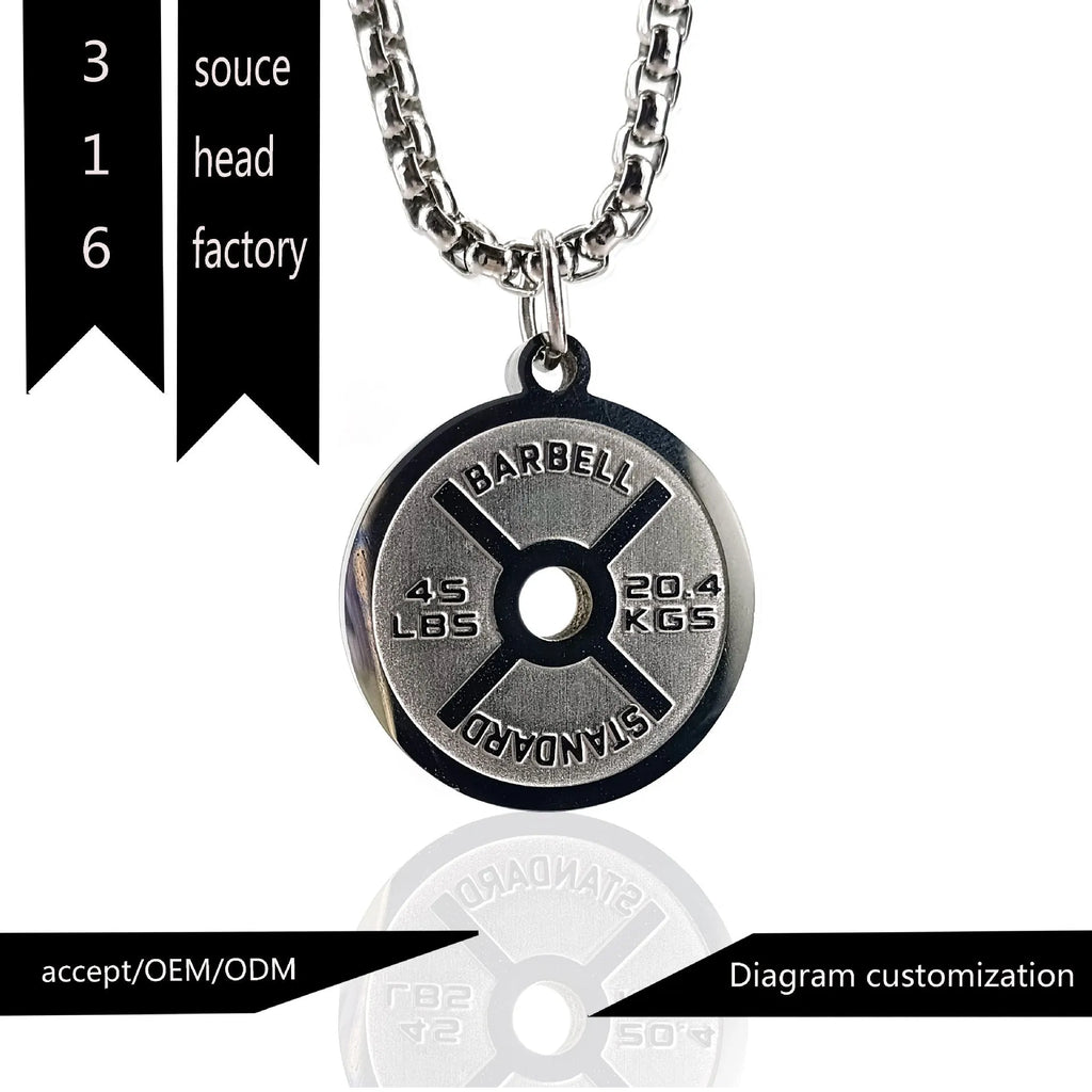 Stainless steel barbell disc geometric pendant necklace on a choice of pearl, gold, or black 60cm chain.