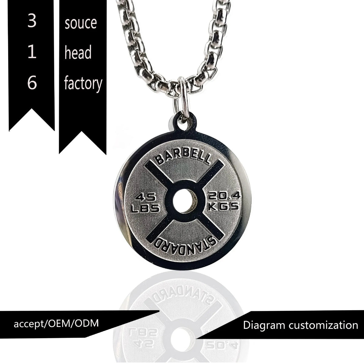 Stainless steel barbell disc geometric pendant necklace on a choice of pearl, gold, or black 60cm chain.