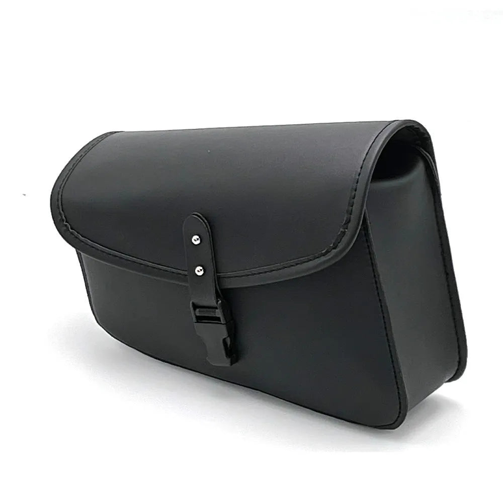 Black PU leather motorcycle swingarm saddlebag mounted on a Harley-Davidson Sportster.
