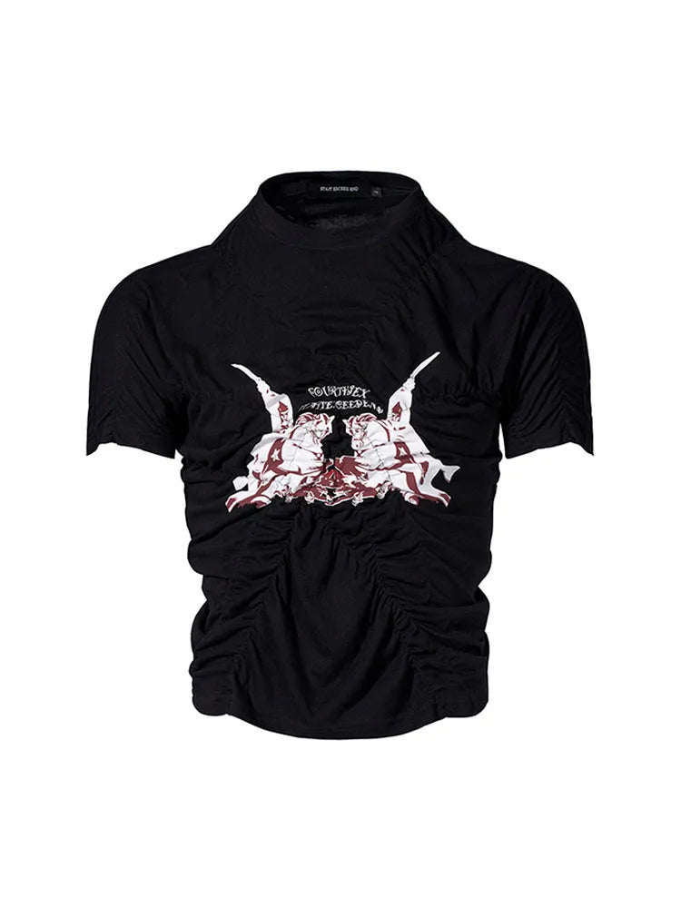 Black men's slim fit short sleeve printed shirt with round neck collar on a mannequin
