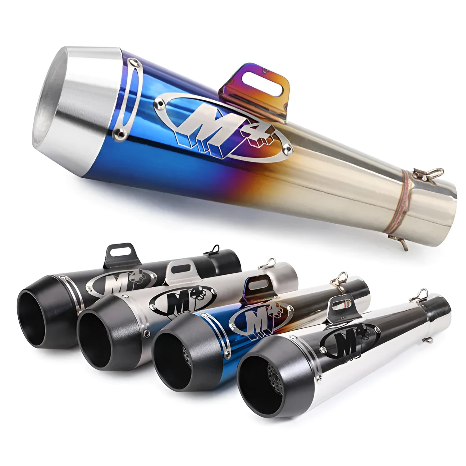 M4 motorcycle exhaust pipe in multiple colour options including black, titanium, and blue finishes