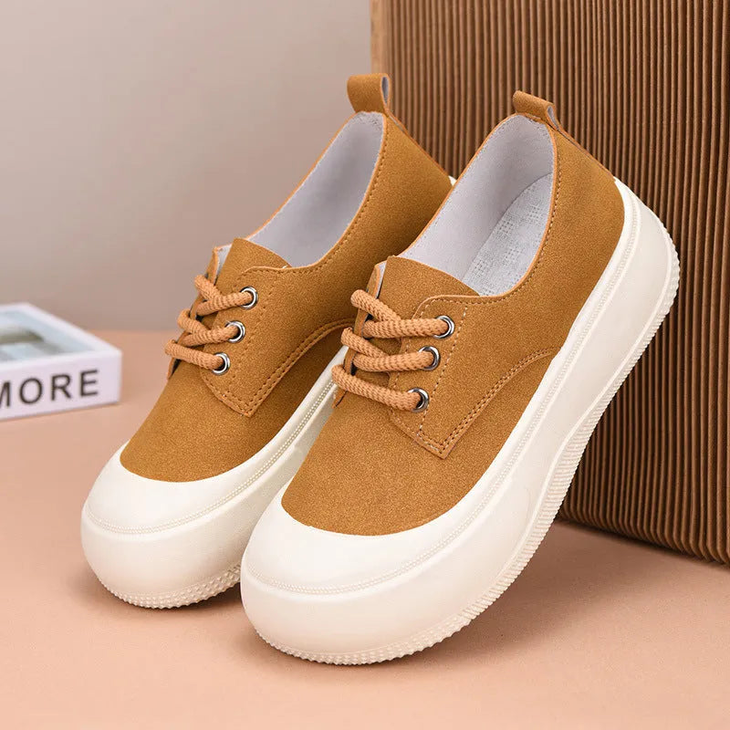 Women's camel suede platform loafers with round toe and lace-up front on flat 4cm heel