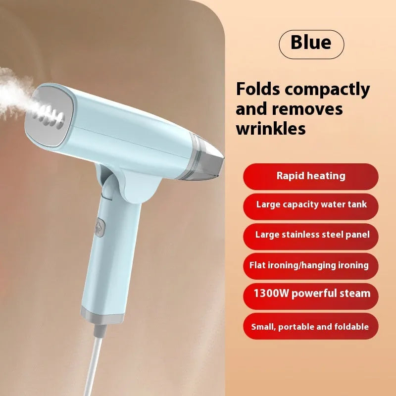 Blue handheld garment steamer with mechanical controls and compact design for portable clothes care