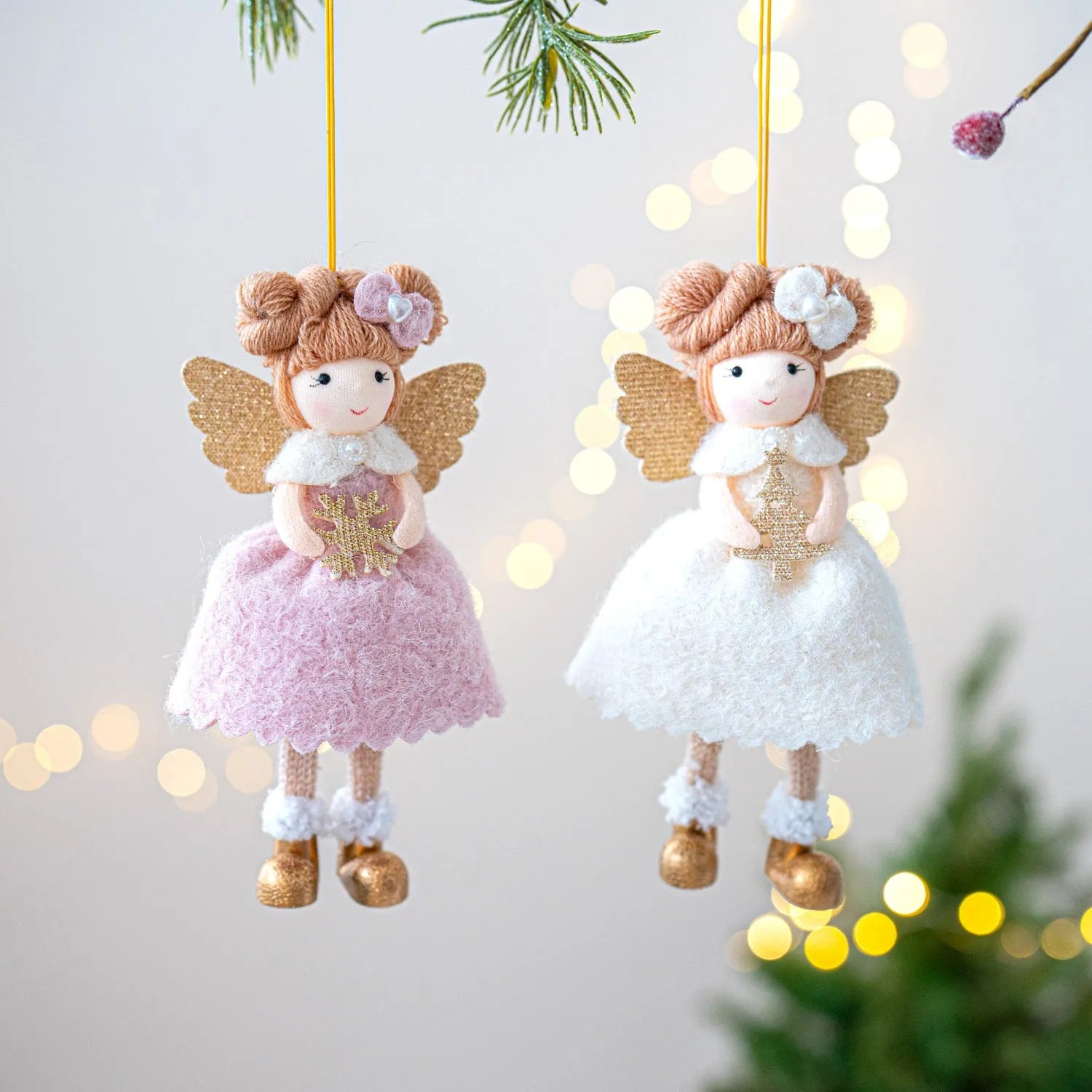 Christmas angel wings plush pendant ornament in pink and white colours with modern simplicity design