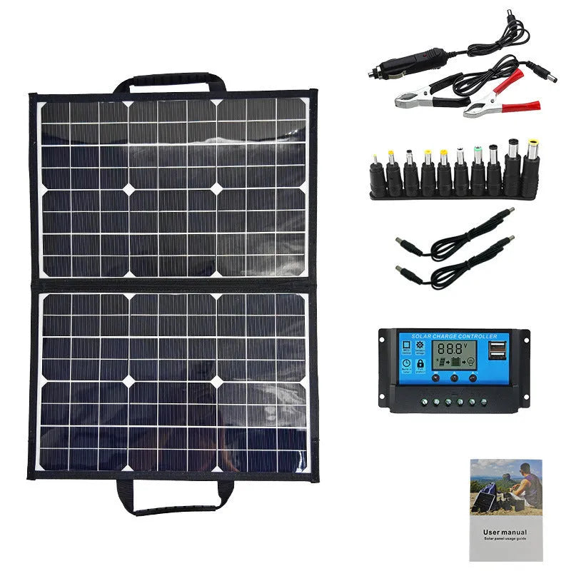 Black folding bag portable solar panel charger showing 40W power and folded size.