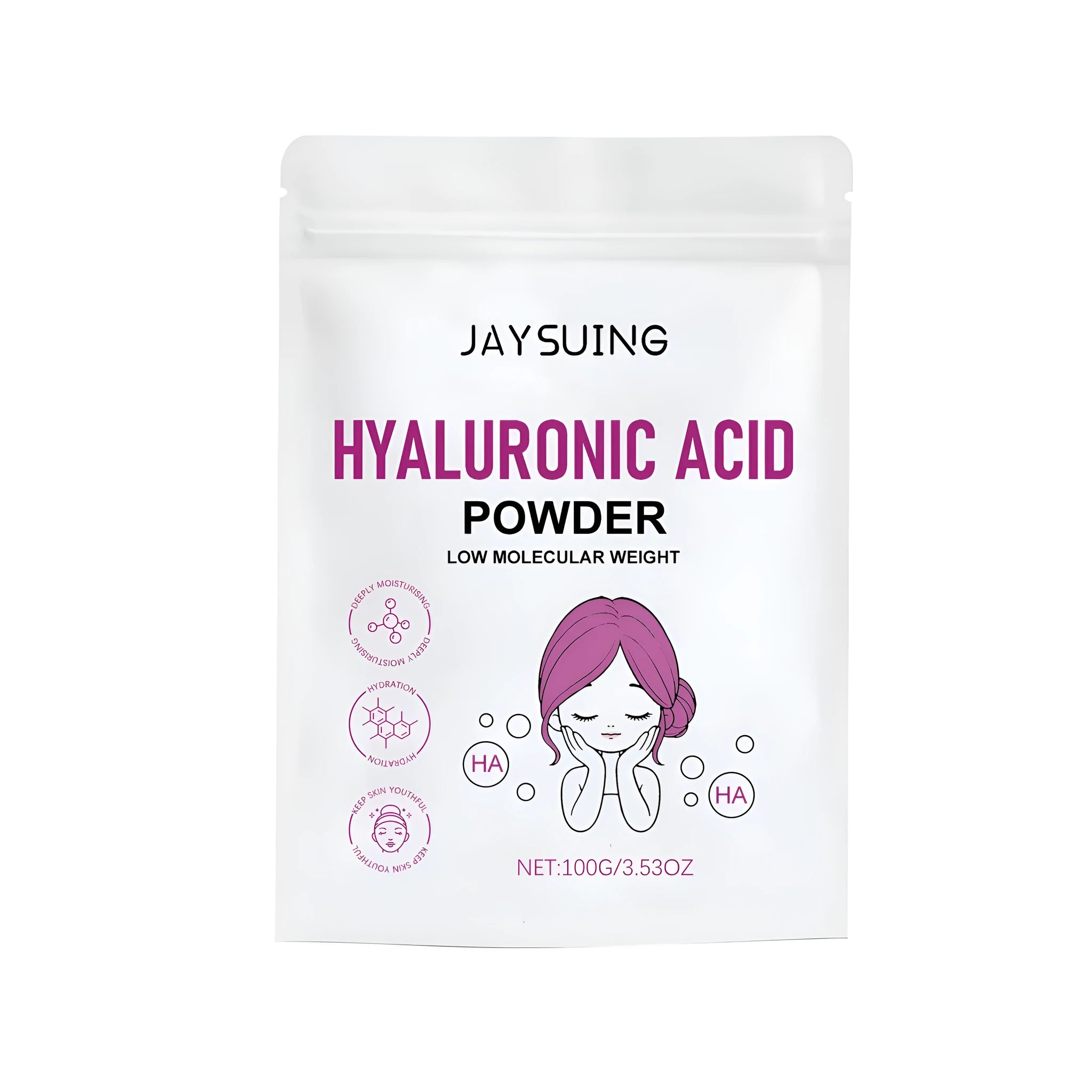 100g jar of white hyaluronic acid powder for DIY face masks, shown with a scoop.