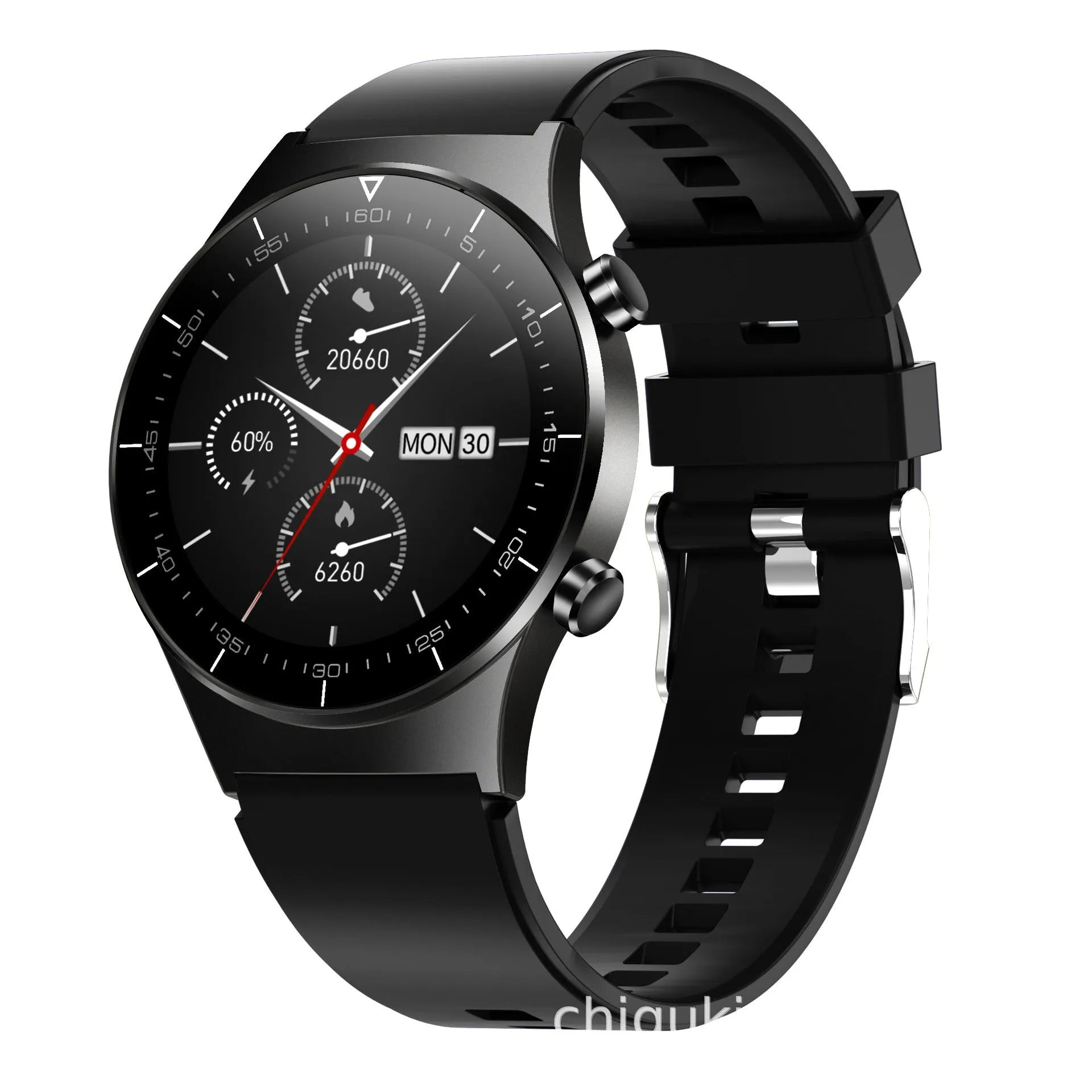 Black smart watch with glass touchscreen displaying heart rate on wrist