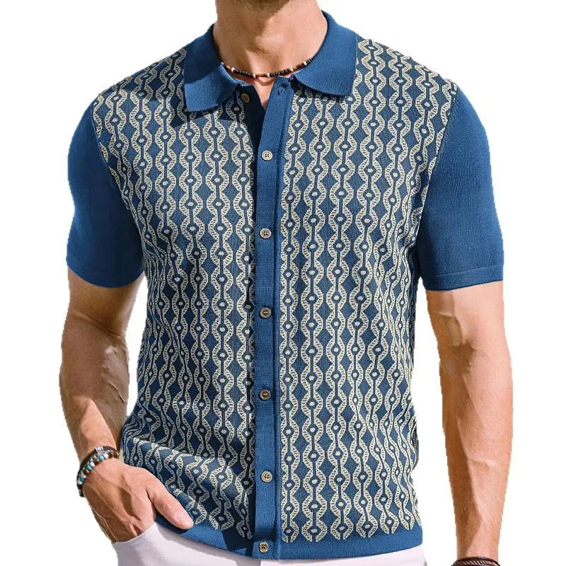 Men's short-sleeved Tencel cardigan with geometric jacquard and flocking, lapel collar, available in black, brown, blue