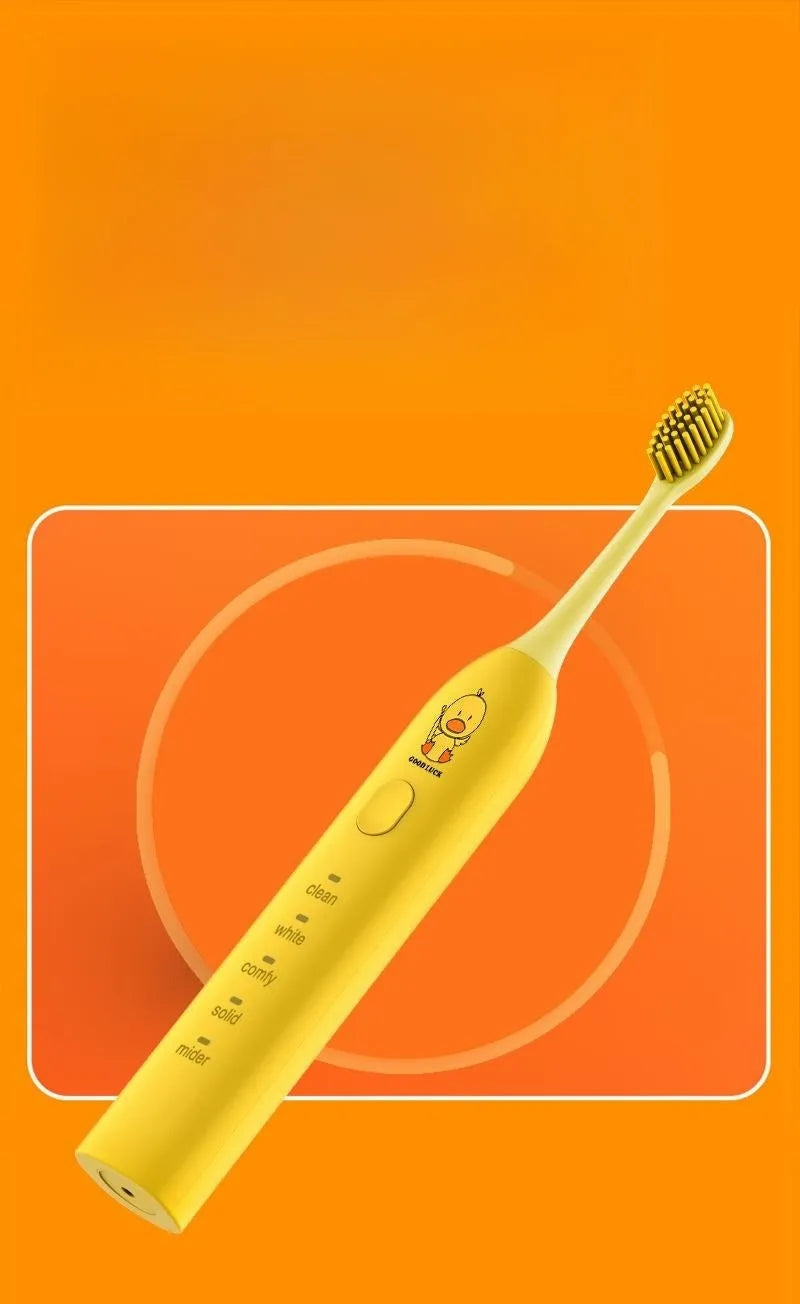 Yellow rechargeable smart electric toothbrush with soft bristles and a small duck design.