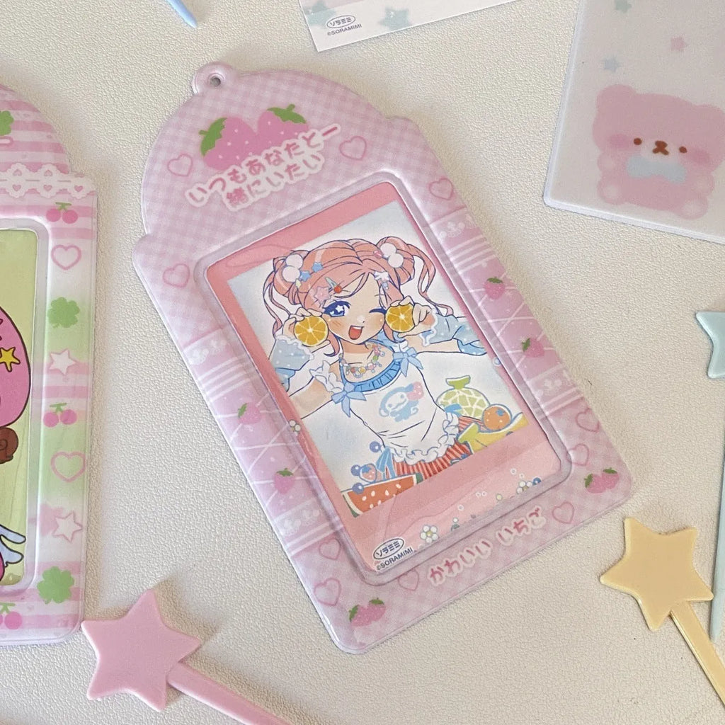 PVC plastic meal card holder pendant in strawberry and four-leaf clover cartoon designs.