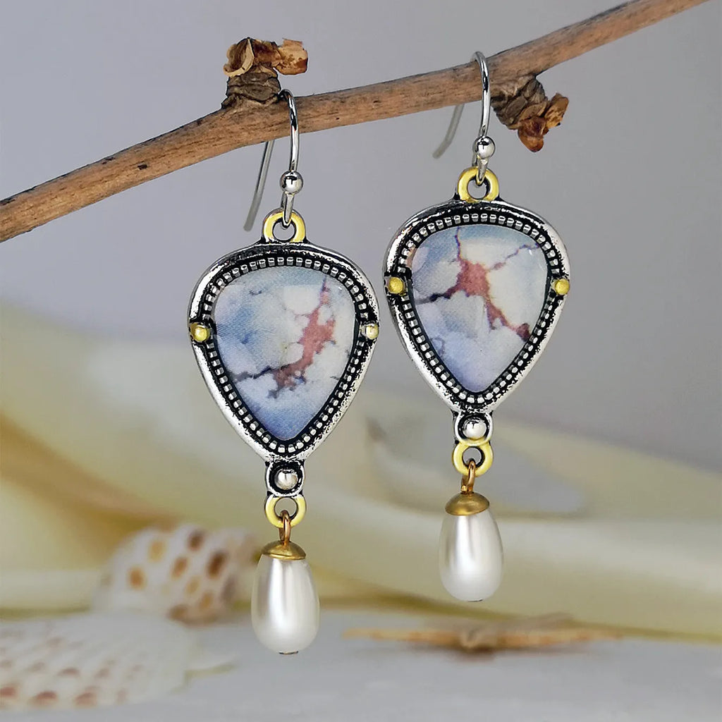 Retro blue geometric drop earrings with synthetic opal and pearl stones