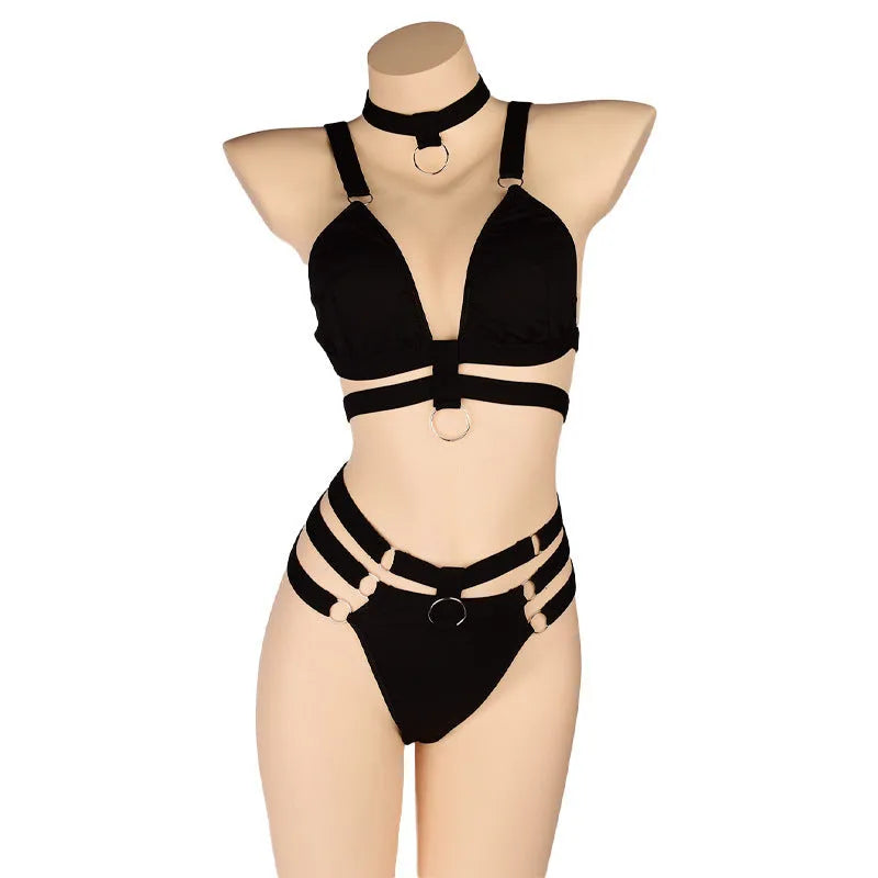 Women's two-piece bikini set in black, red, or blue, polyester fabric with nylon lining, free size
