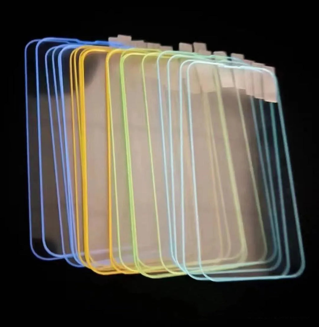Fluorescent tempered glass screen protector for iPhone showing luminous glow in blue colour