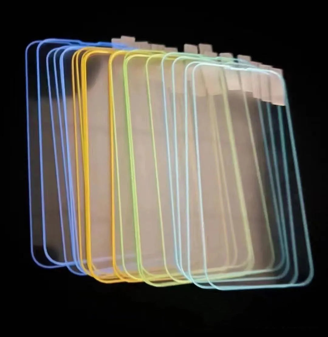 Fluorescent tempered glass screen protector for iPhone showing luminous glow in blue colour