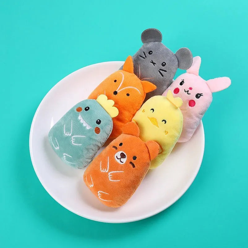 Plush cat thumb toy in six colours for chewing and clawing with catnip