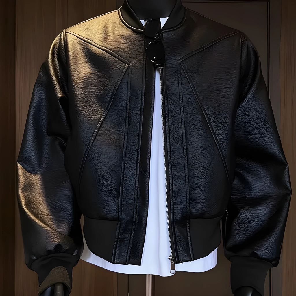 Men's black PU leather jacket with extended length and tight fit design