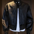 Men's black PU leather jacket with extended length and tight fit design
