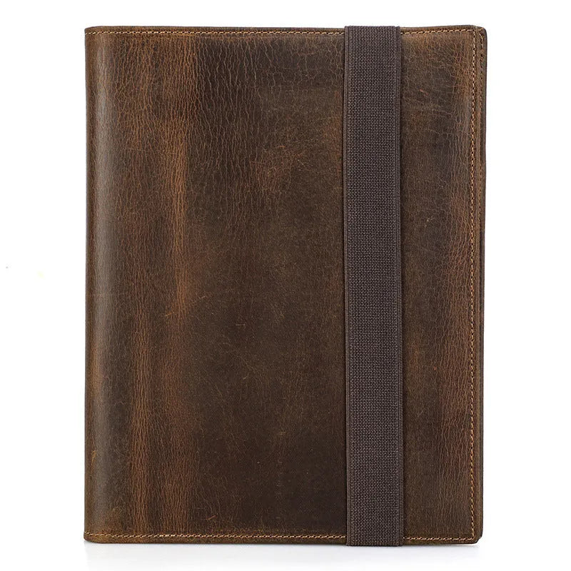 Brown Crazy Horse leather A5 notebook protective sleeve with socket fastening