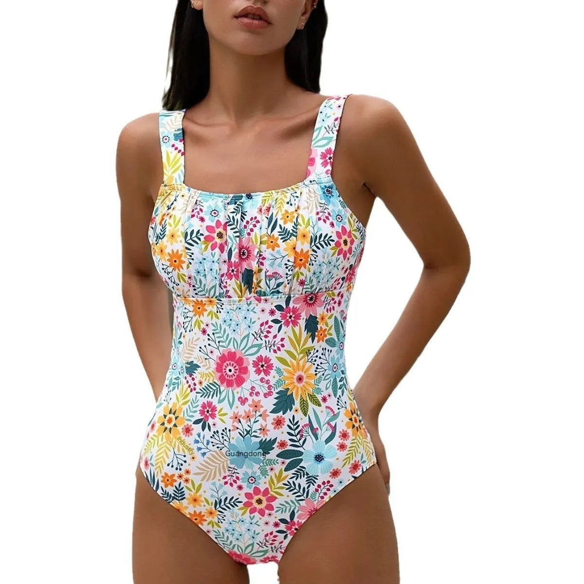 Women's floral print one-piece swimsuit with pastoral style full-bed design in polyester