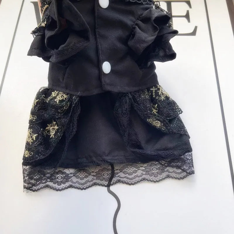 Golden ruffled gothic princess skirt costume being worn by a small dog or cat.
