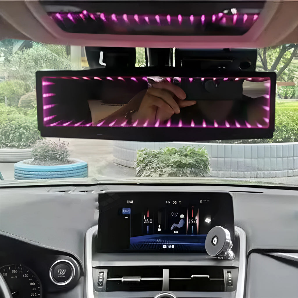 Square blue plastic car rearview mirror with a wide flat glass and integrated LED lighting strips on the housing.