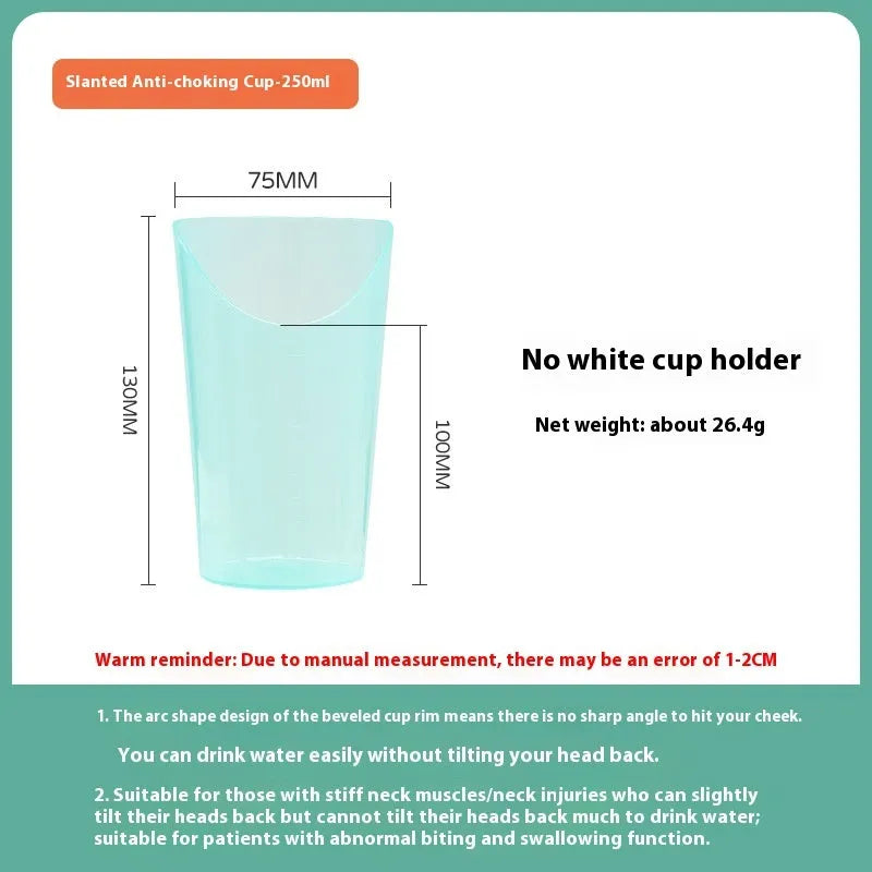 Oblique mouth anti-choke bedside drinking cup with handle and lid in PP plastic material