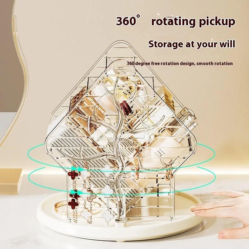 Transparent rotating cosmetics storage box with 360-degree rotation in clear or amber gold plastic
