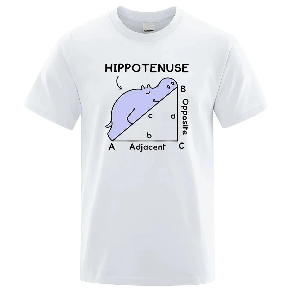 Loose fit white cotton T-shirt with black humorous Hippotenuse Opposite Adjacent mathematics text print.