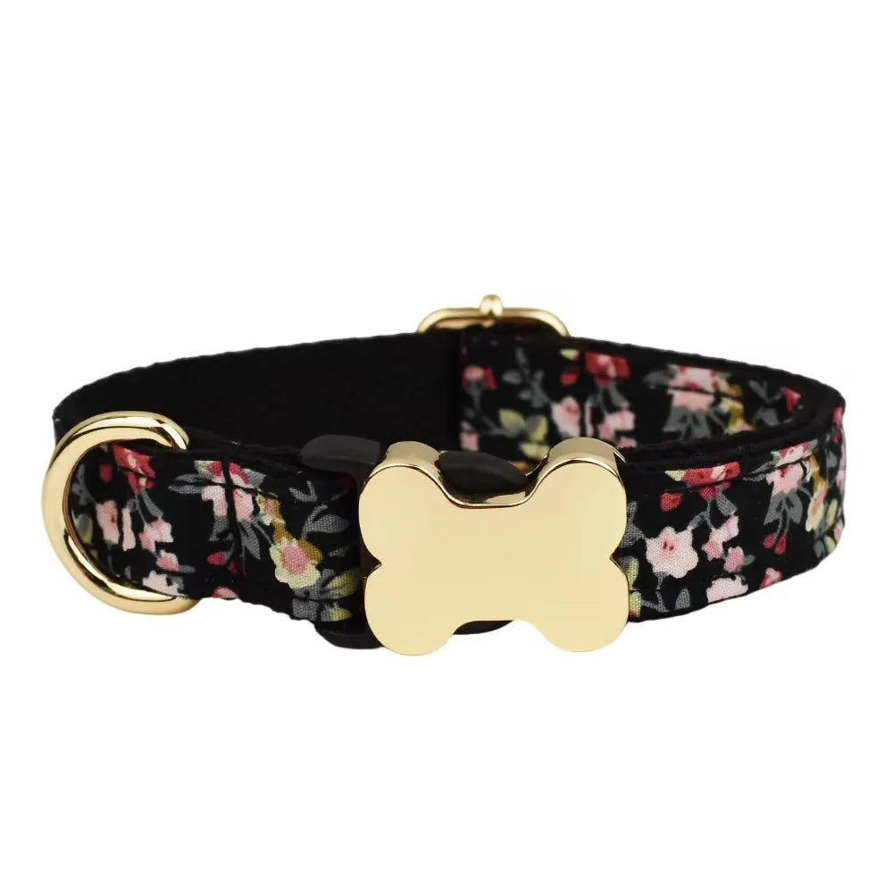 Flat nylon dog collar with printed grid pattern and bone-shaped buckle in multiple colour options