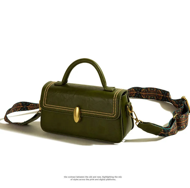 Brown retro messenger bag with square vertical design showing internal phone pocket and document compartment