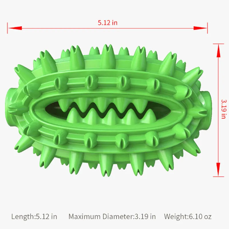 Green and yellow cactus-shaped dog chew toy with textured bumps and a central channel for dental care.