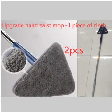Blue triangle cleaning mop with rotating head and extendable stainless steel pole