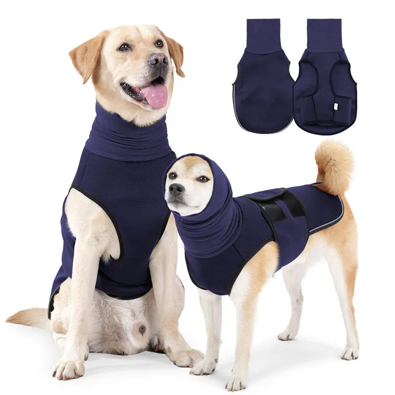 Army green polyester dog calming jacket vest for anxiety on a medium-sized dog.