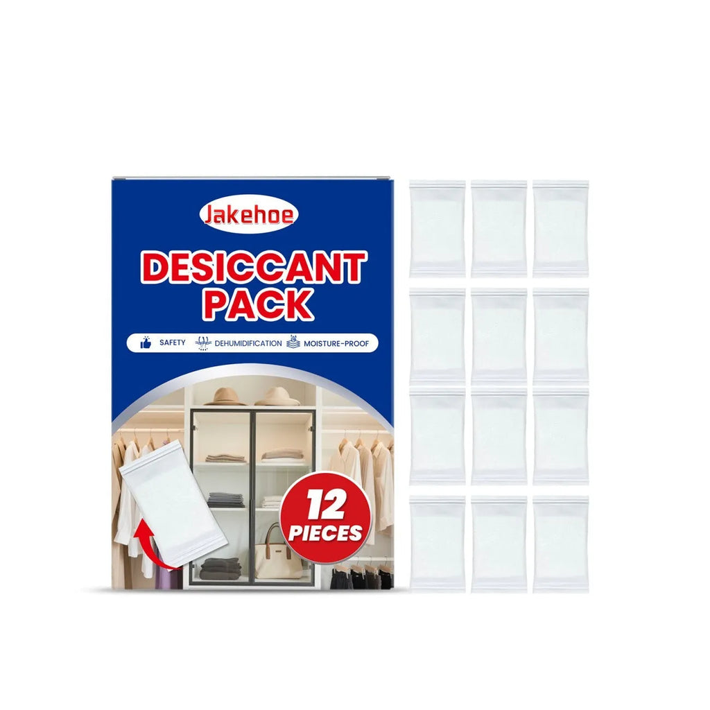 Pack of twelve white calcium chloride desiccant units for household moisture and odour control.