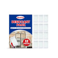 Pack of twelve white calcium chloride desiccant units for household moisture and odour control.