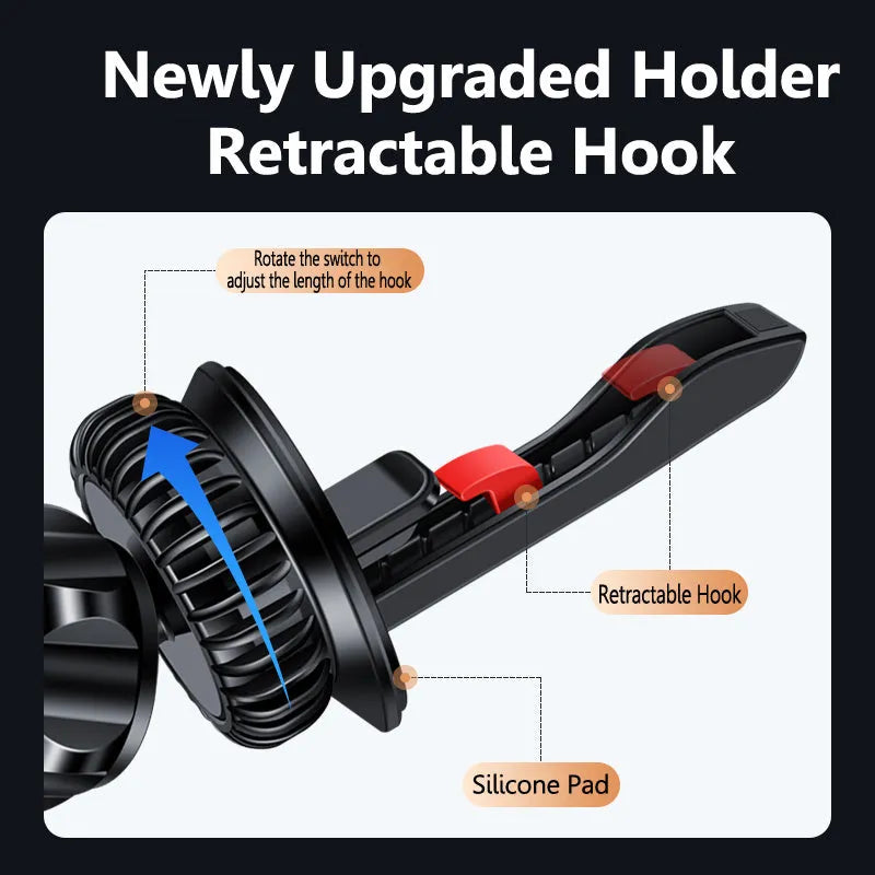 Silver magnetic car phone holder mounted on vehicle air vent with smartphone attached