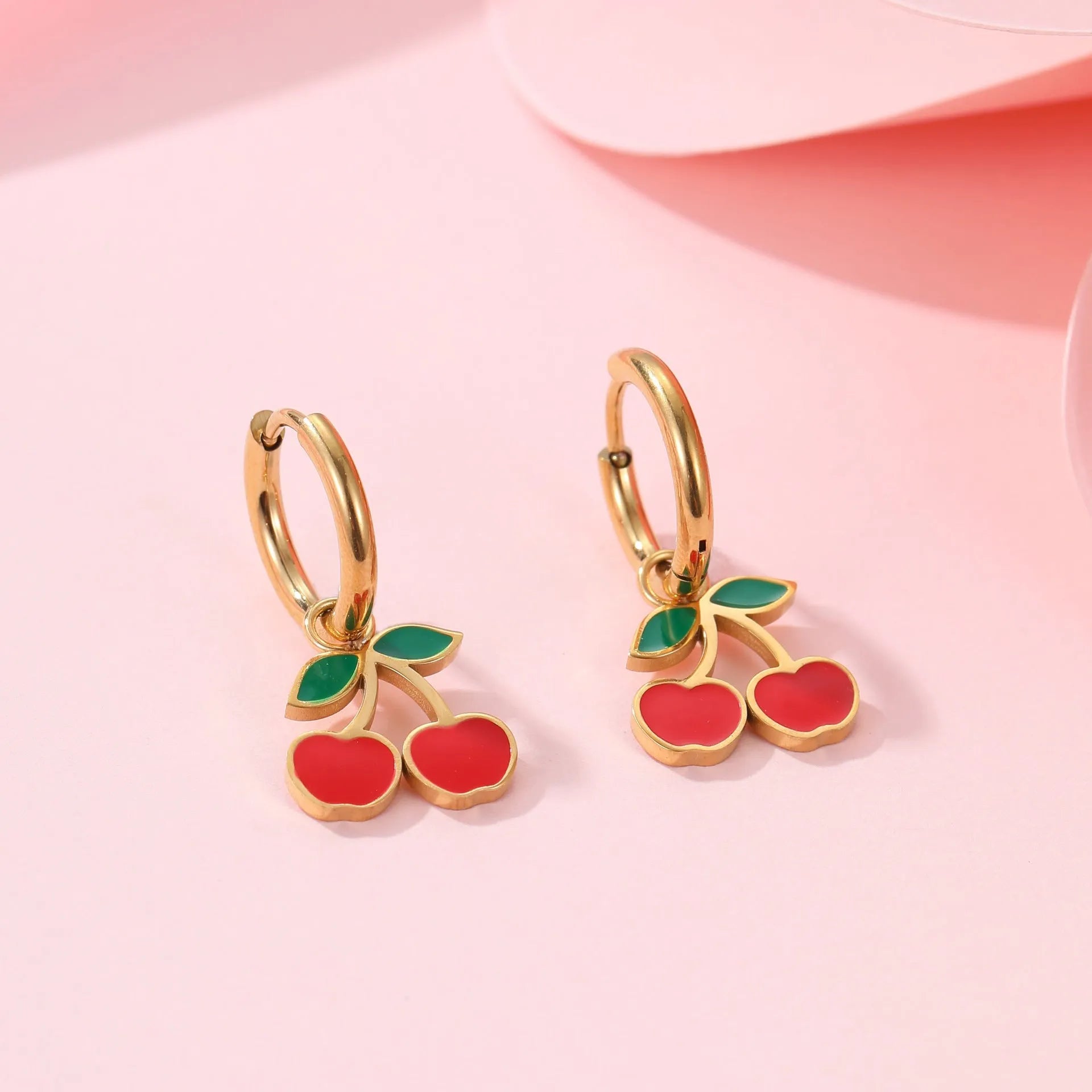 Cherry jewellery set with necklace, bracelet, earrings, and ring in stainless steel with 18K electroplated finish
