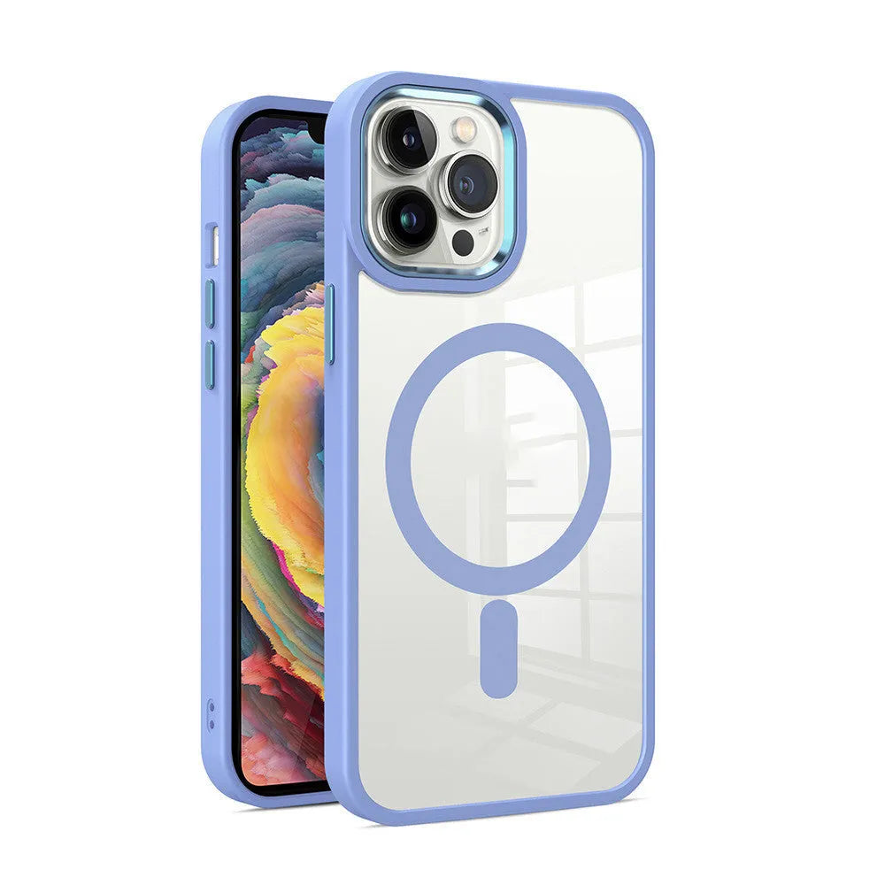 Transparent magnetic silicone iPhone case showing colour options including green, red, and blue