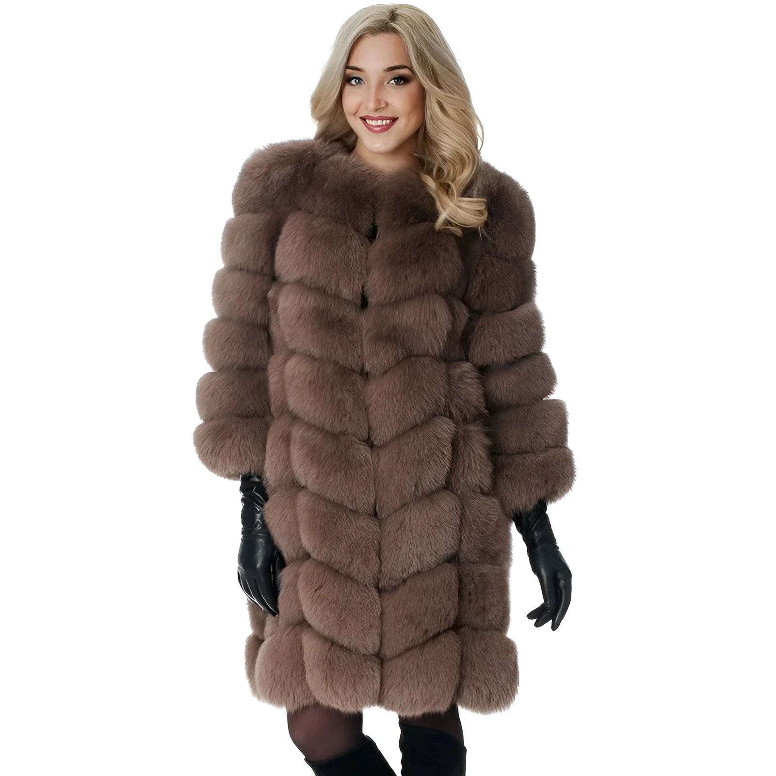 Women's thick black artificial fur coat with regular sleeves, 80cm length