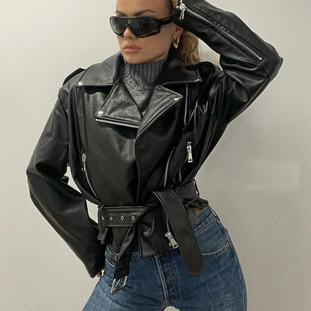 Punk short belt lapel locomotive style jacket in black blue or green faux leather with drawstring