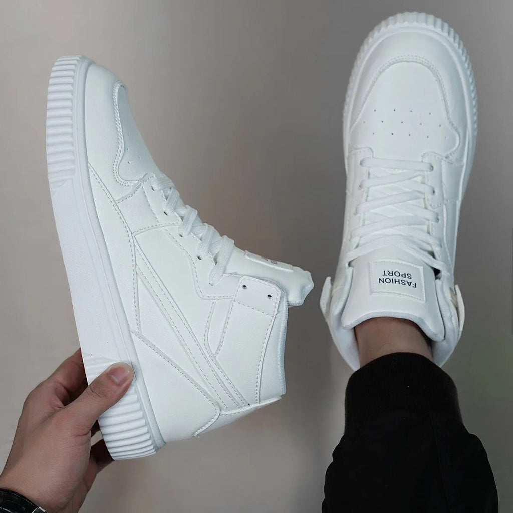 Men's white casual shoes with round toe and microfiber upper for autumn and winter leisure wear