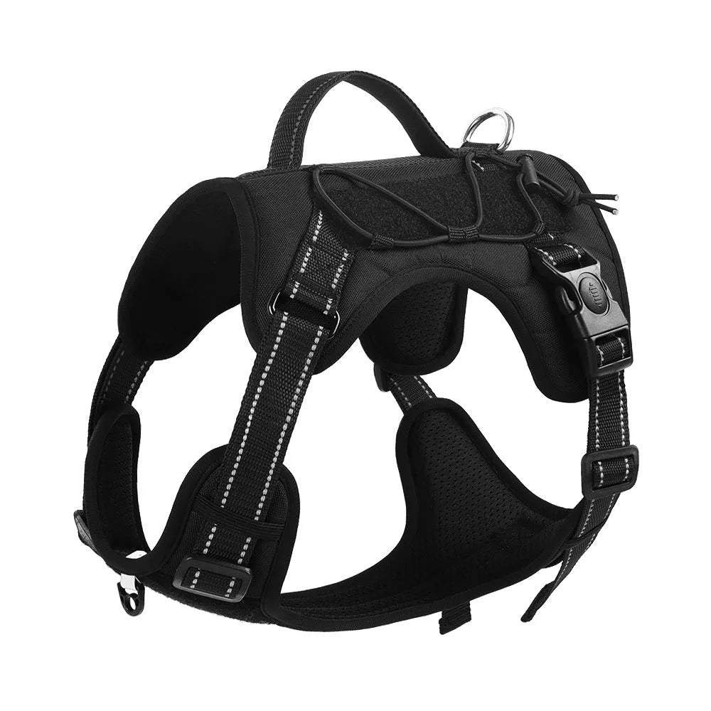 Orange explosion-proof dog harness vest with black reflective strips and an integrated black hand-holding rope.